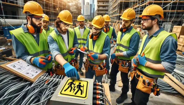 Electrician wearing safety gear, including helmet and gloves, inspecting an electrical panel.