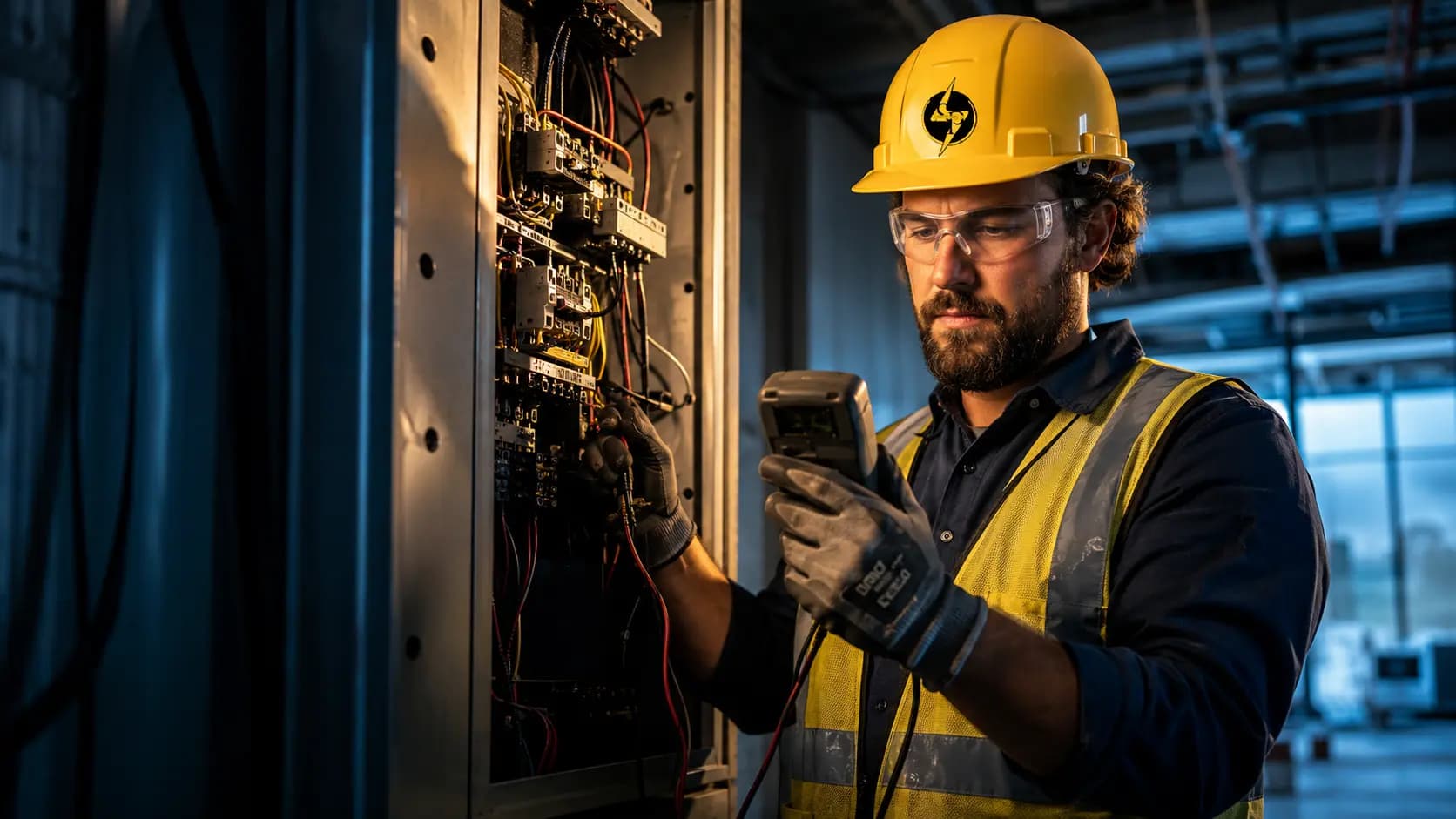 Electrician in helmet, vest, and gloves measuring voltage in an electrical panel on an active construction site.